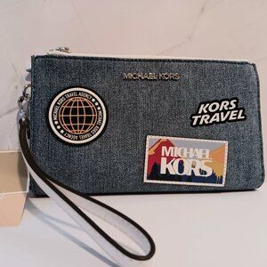 MICHAEL KORS NWT Large Jet Set Embellished Travel Denim Wristlet Phone Wallet
